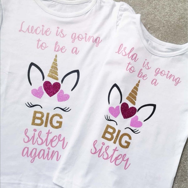 Mädchen Personalisiertes Einhorn im gonna be a BIG Sister T-Shirt Top Outfit rosa Ankündigung Baby enthüllen Bruder