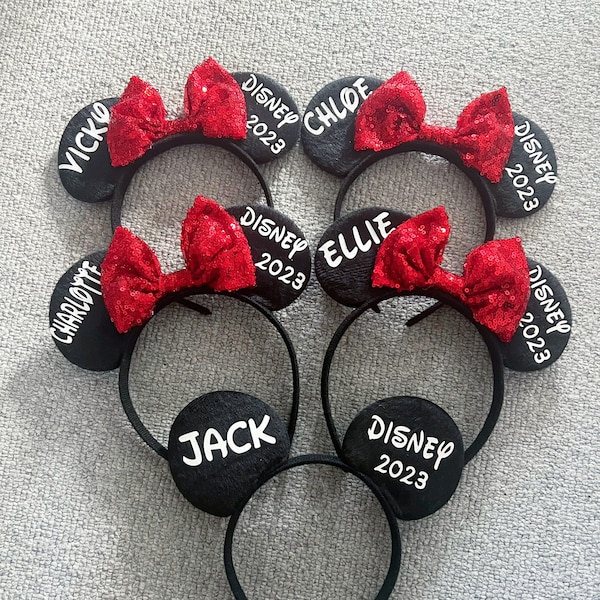 Personalised matching Family Disney Trip Minnie Mouse Ears Mickey Sequin Bow Any Name