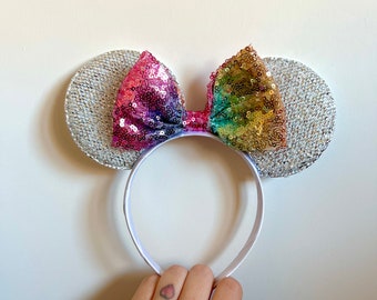 Girls Disney Rainbow Sequin Bow Minnie Mouse Ears Headband
