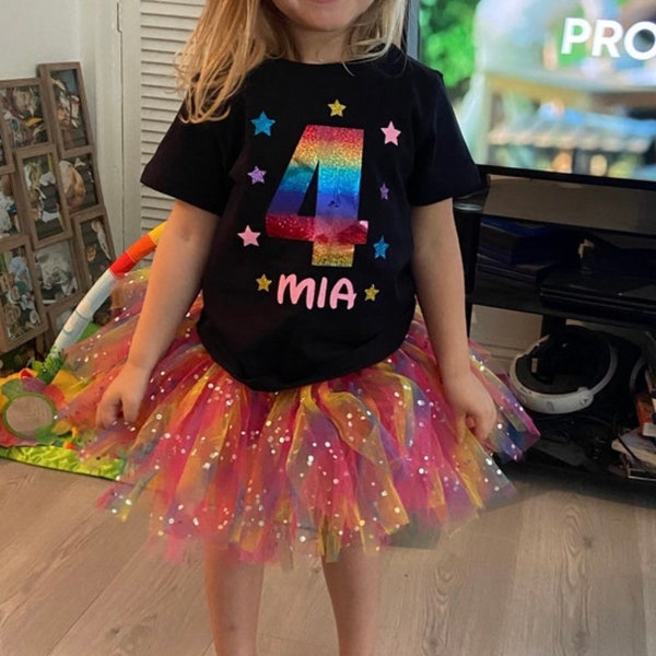 Girls Personalised Birthday neon Rainbow star Tshirt top ANY AGE & NAME party gift 1st 2nd 3rd 4th 5th 6th 7th 8th 9th 10th