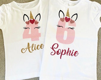 T-shirt d'anniversaire licorne personnalisé pour filles, tenue de fête supérieure 1er 2ème 3ème 4ème 5ème 6ème 7ème 8ème 9ème 10ème correspondance de jumeaux