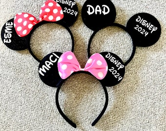 Gepersonaliseerde bijpassende familie Disney reis Minnie Mouse oren Mickey Mouse pailletten boog elke naam hoofdband 2024 Disneyland familie onthullen