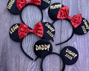 Personalised matching Family girls boys Disney Trip Minnie Mouse Ears Mickey Sequin Bow glitter Disneyland announcement 2025