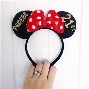 Personalised Birthday Disney Minnie Mouse Ears Any Age Mickey Bow