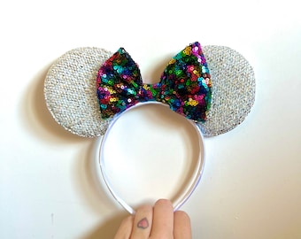 Girls Disney Rainbow Sequin Bow Minnie Mouse Ears Headband