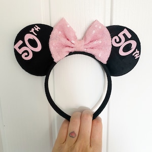 Orelhas personalizadas de aniversário da Disney Minnie Mouse, laço de Mickey para qualquer idade