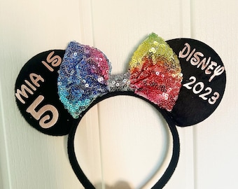 Girls Personalised birthday Disney Rainbow Sequin Bow Minnie Mouse Ears Headband