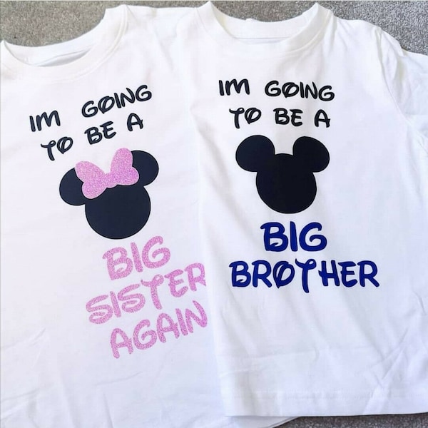 Girls boys Mickey Minnie Mouse im going to be a BIG Sister / Brother T-shirt Top Outfit reveal sign baby sibling