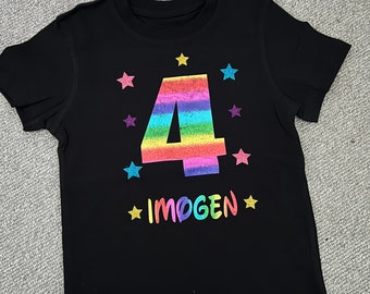 Girls Personalised Birthday neon Rainbow star Tshirt top ANY AGE & NAME gift