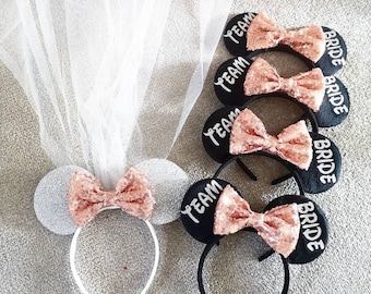 Personalised Disney trip Bride Hen Party Minnie Mouse Ears Bridal Rose Gold rainbow sequin Glitter Bow outfit