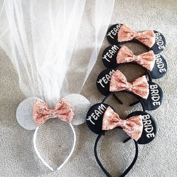 Personalised Disney trip Bride Hen Party Minnie Mouse Ears Bridal Rose Gold rainbow sequin Glitter Bow outfit