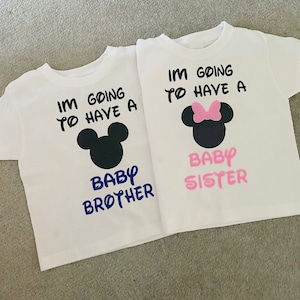 Meisjes, jongens, Mickey Minnie Mouse, ik krijg een babyzusje/broertje T-shirt top-outfit gender-onthullingsteken baby-zusje