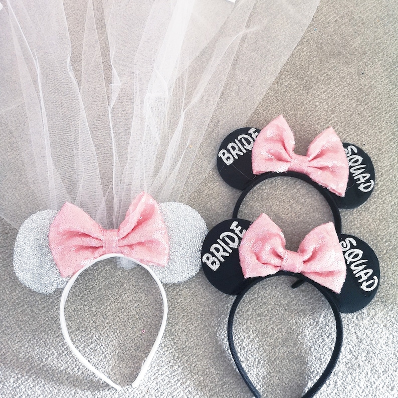 Disney Bride Hen Party Minnie Mouse Ears Bridal Party Glitter Bow Silver Bride w Veil