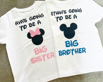 Personalised Mickey Minnie Mouse im going to be a BIG Sister / Brother T-shirt Top Announcement baby gender reveal