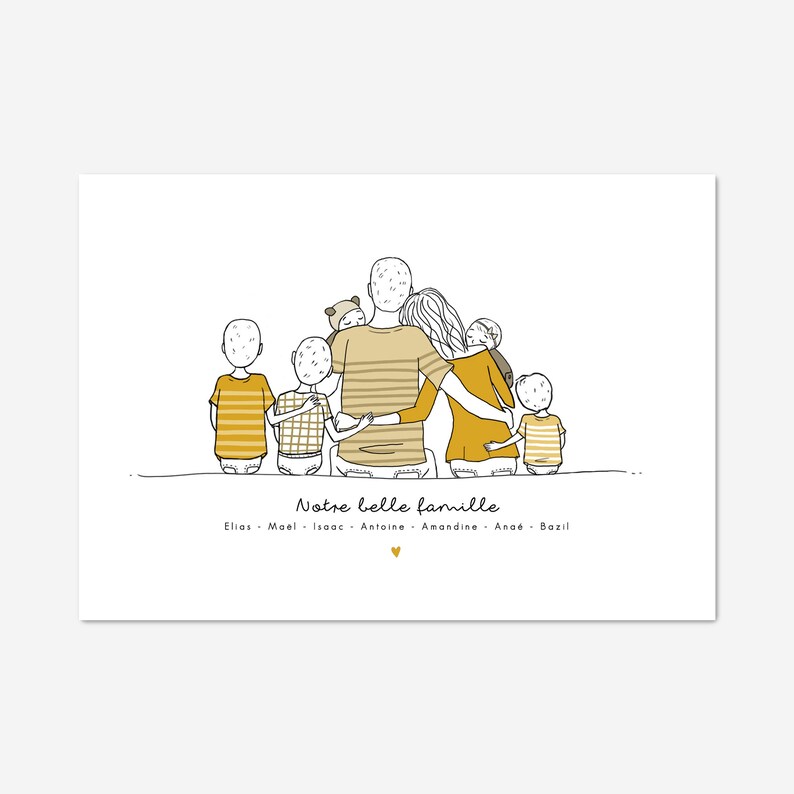 Family portrait poster Personalized family poster Family illustration Mother's Day gift Handmade Pink Yellow Green image 5