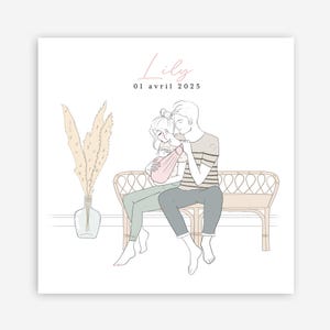 Birth announcement family illustration on bohemian bench (from 0.95eur/unit)