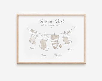 Affiche famille personnalisée, famille chaussettes de Noel, fait main Cadeau personnalisé Noel, Portrait famille NUMERIQUE