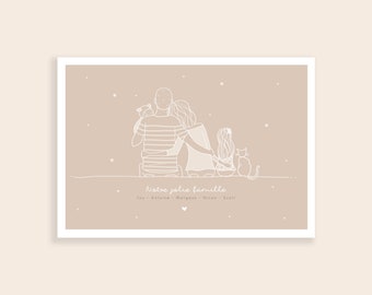 Affiche "Portrait de famille" - Line art - Affiche famille personnalisée - Illustration famille - Cadeau fêtes des mères - Fait main