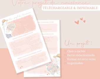 Op de afbeelding: Een printbare checklist voor het plannen van een geboorte. De checklist is verdeeld in twee secties: "Tijdens de bevalling" en "Tijdens het herstel". De checklist is roze en wit met een bloemenontwerp en een vrouw die bloemen vasthoudt. De tekst "Uw geboorteplan" staat bovenaan de pagina.