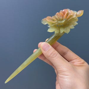 Peony Flower Jade Hair, Certificate Natural Xiu Jade, Peony Jade Hair Stick, Xiu Jade Hair Fork, Antique Jade Hairpin, Gift for Her