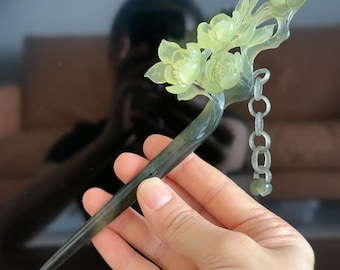 Plum Blossom Jade Hairpin, Handcrafted Natural Xiu Jade Hair Stick, One-piece Carved