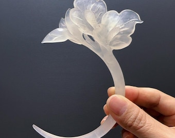 Xiu Jade Calla Lily Hair Stick, Crescent Moon Hair Pin, Hand Carved