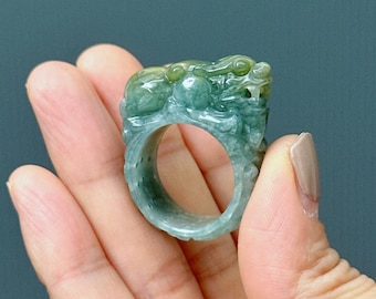 Pixiu Jade Ring US 9.5: Natural Burmese Fei Cui Grade A Jadeite
