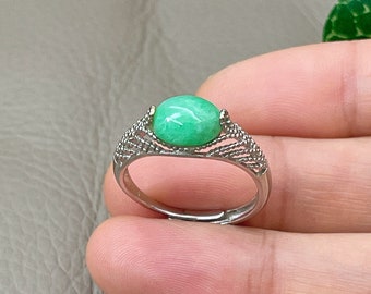Green Jadeite Ring: Adjustable S925 Silver, Grade A Jade