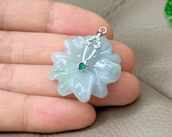 Blumen Jadeit Jade Anhänger für Halskette, Natürliche Klasse A Jade, Burma Jadeit, handgeschnitzt, mit Sterling S925 Silber Verschluss