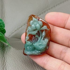 Mandarin Ducks and Lotus Flower Jade Pendant, Jadeite Jade Pendant, Untreated Green Yellow, Hand Carved, Grade A Jade, Type A Jade Jadeite