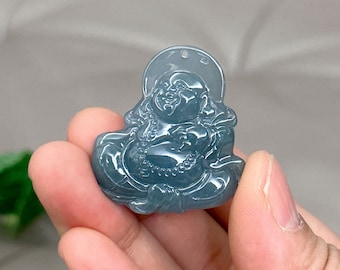 Blue Jadeite Happy Buddha Pendant: Hand Carved Guatemalan A Jade