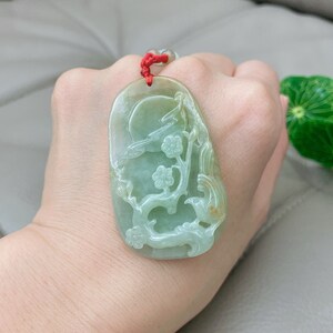 Flower with Beaming Bird Jadeite Jade Pendant, Grade A Jade Certified, Type A Jade, Untreated, Burmese Burma Jadeite, Fei Cui Jade Jewelry