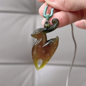 Hand Carved Sika Deer Jade Pendant Necklace: Natural Xiu Jade
