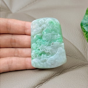 Natural Scenery Jadeite Jade Pendant Necklace, Chinese Vintage Style Outdoor Landscape, Burmese Jadeite, Certified Grade A Jade, Hand Carved
