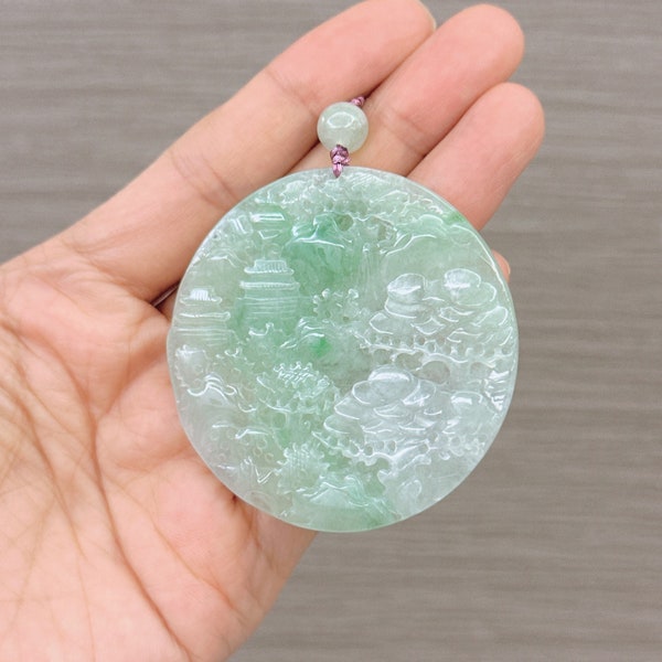 Natural Scenery Jadeite Pendant, Vintage Style Outdoor Landscape, Untreated Natural Burmese Jadeite, Certified Grade A Jade, Hand Carved