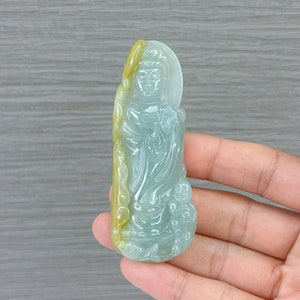 Kuan Yin with Kid Jade Pendant, Guan Yin Necklace, Natural Grade A Jade Certified, Burma Jadeite, Hand Carved