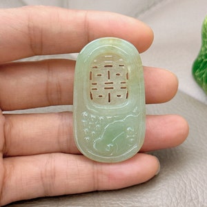 Chinese Characters &#39;囍&#39; Jadeite Jade Pendant, Bring Happiness, Untreated Burmese Burma Gemstones Hand Carved Jewelry, Natural Grade A Jadeite