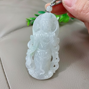 Station GuanYin Jadeite Jade Pendant, Kwan Yin Jade Necklace, Grade A Jade Certified, Untreated White, Burma Jadeite, Hand Carved