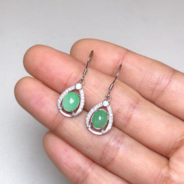 Natural Jadeite Jade Drop Earrings, Grade A Jadeite with 925 silver,  MYANMAR Burmese Jadeite, Translucent Green