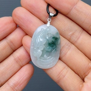 Goldfish and Lotus Jade Pendant, Natural Burma Jade, Grade A Jadeite, Untreated Blueish Flower, Hand Carved, Jadeite Jade Pendant, Fei Cui