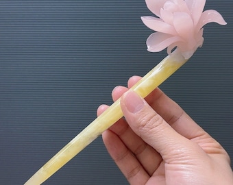Yulan Magnolia Flower Hairpin, Yulan Magnolia Hair Stick, Xiu Jade Hairpin, Natural Xiu Jade Magnesite Symbiosis, Untreated Pink Green