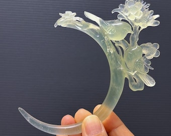 Xiu Jade Hair Stick: Bird & Plum Blossom Crescent Moon Hair Pin