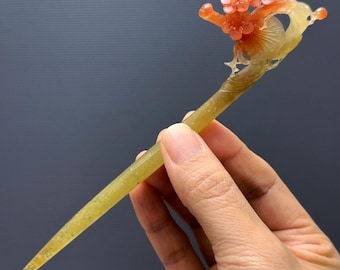 Carved Jade Hair Pin: Plum Blossom Pipa, Dunhuang Inspired Chinese Hair Stick