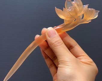 Orange Afghan Jade Hairpin: Lotus Hair Stick, Natural Gemstone