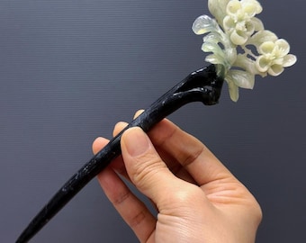 Hand Carved Xiu Jade Hair Stick: Plum Blossom Hairpin