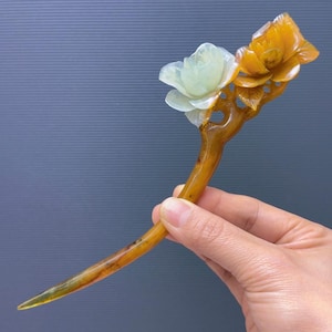 Peony Flower Jade Hair, Certificate Natural Xiu Jade, Peony Jade Hair Stick, Xiu Jade Hair Fork, Antique Jade Hairpin, Gift for Her
