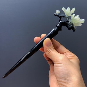 Magnolia Flower Hairpin, Yulan Hair Stick, Xiu Jade Hairpin, Magnolia Hair Fork, Gift for Her, Certificate Natural Xiu Jade, Vase Hairpin