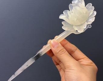 Hand Carved White Xiu Jade Peony Hair Stick with Certificate