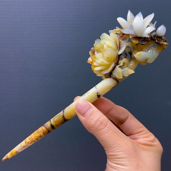 Yulan Peony Bird Hairpin, Flower Bird Hair Stick, Xiu Jade Hairpin, Certificate Natural Xiu Jade, Multicoloured Jade Hair Stick, Hand Carved