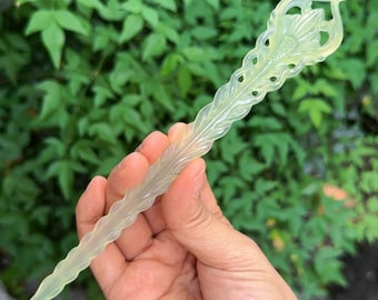 Hand Carved Xiu Jade Hairpin,  Traditional Women's Hair Stick, Hollow Antiqued Art Filigree Long Hair Pin, Made in One Piece